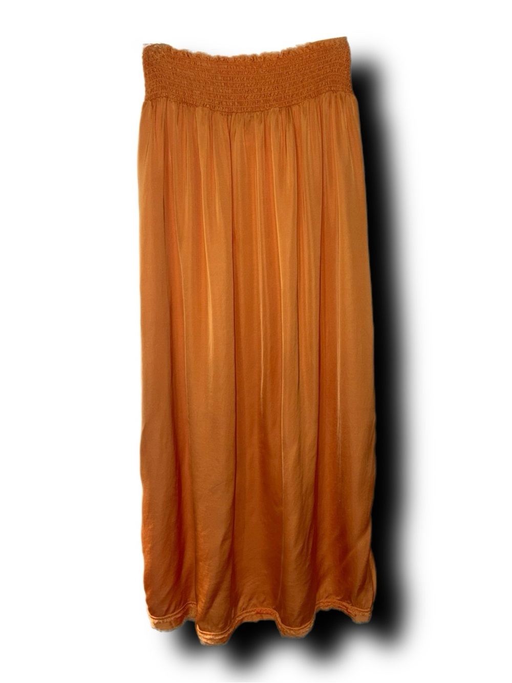 Aerie Pumpkin Spice Satin Feel Smocked Raw Edge Midi Skirt Fall Vibes